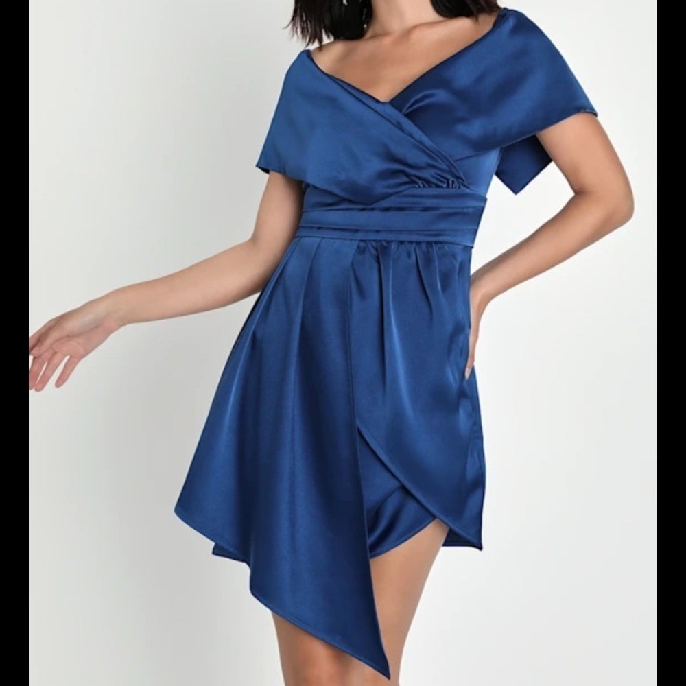 NWT‎ Lulus Always Celebrating Navy Blue Satin Off-the-Shoulder Mini  size S